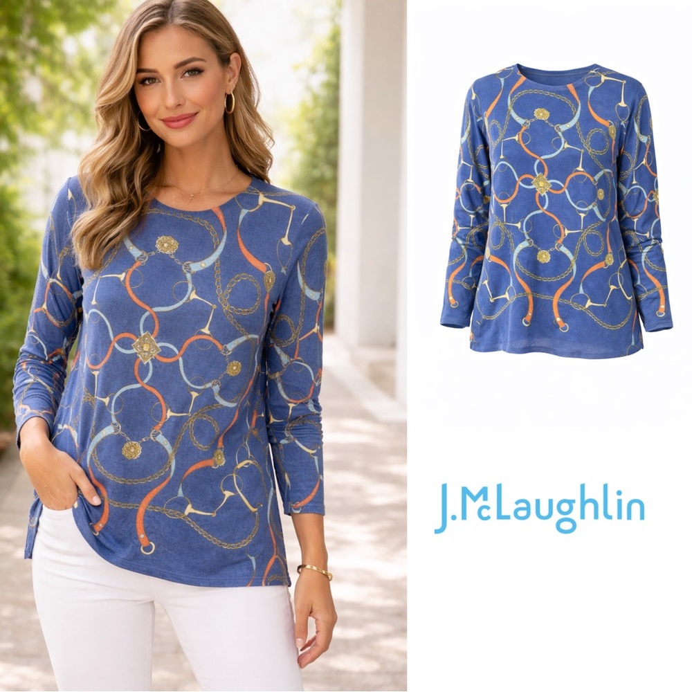 J. McLaughlin Blue and Orange Chain Print Blouse